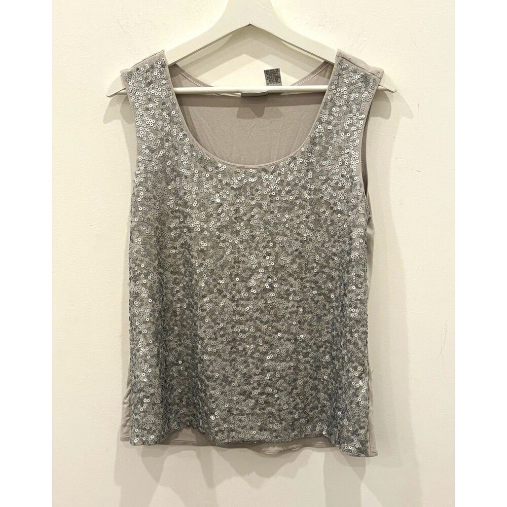 Chico's Silver Sequin Tank Top Sz 2 Scoop Neck Sleeveless Pullover